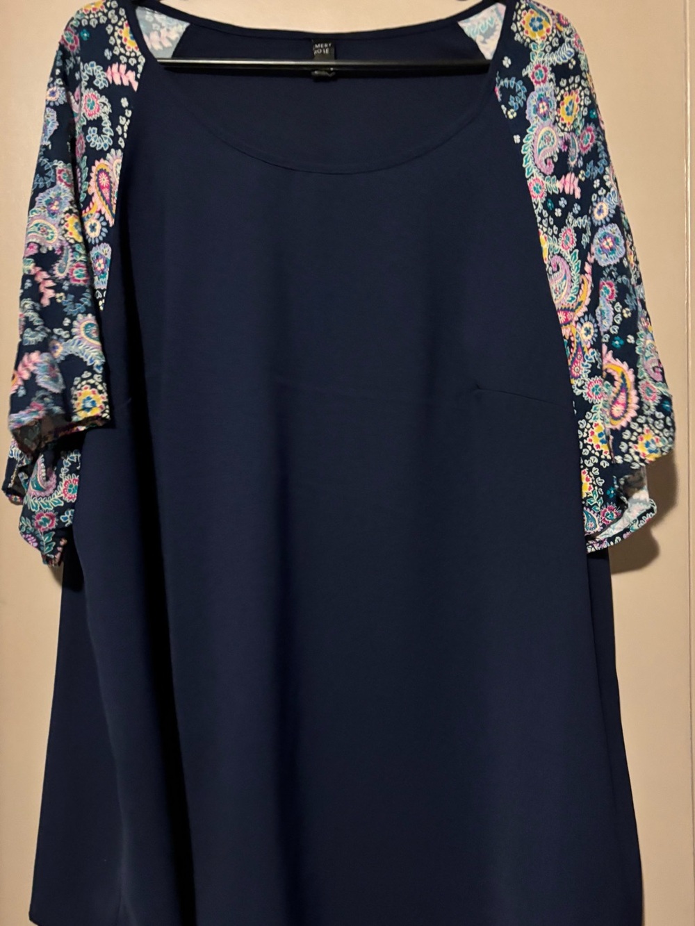 Flowy Navy Women's Top with Paisley Raglan Sleeves